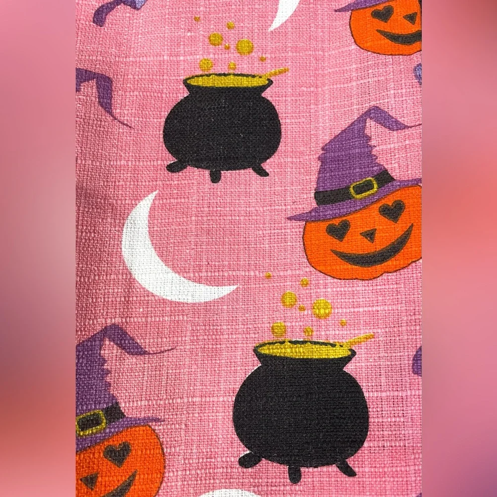 Pink & Black Halloween Kitchen Towels 2 ct Pumpkins Kettles Moon Plaid NEW NWT